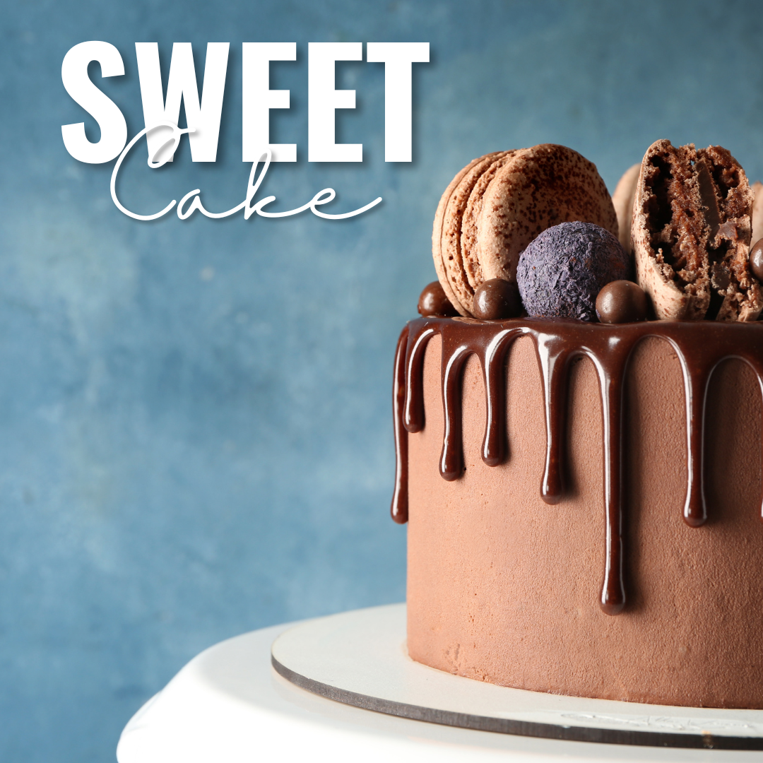 Signature chocolate drip cake with macarons